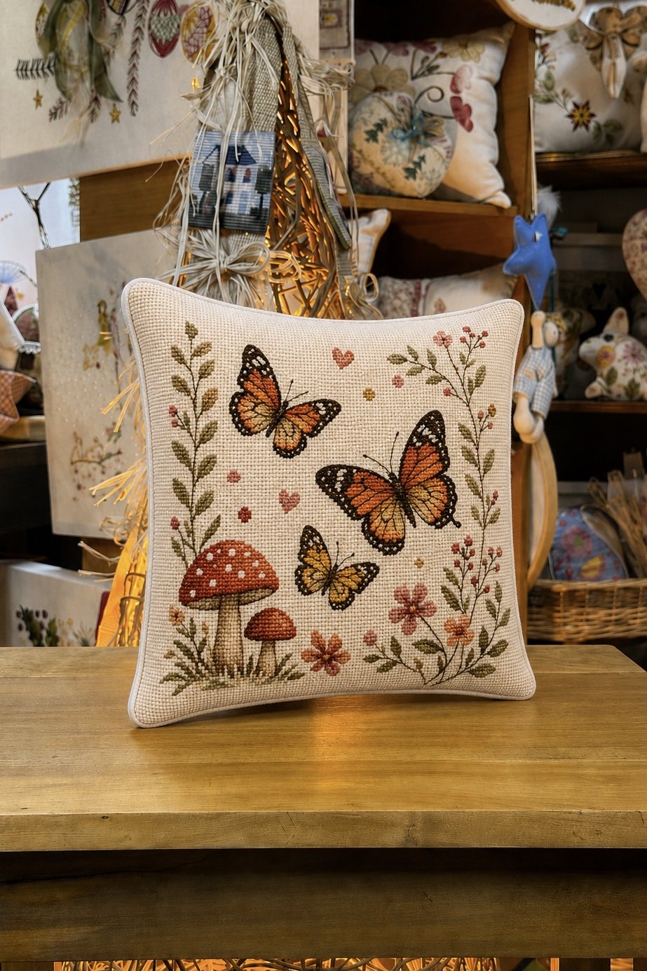 Cojín mariposas y honguitos